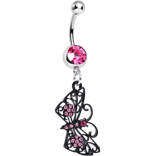 Pink Gem Floral Wings Black Butterfly Dangle Belly Ring