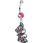 Pink Gem Floral Wings Black Butterfly Dangle Belly Ring