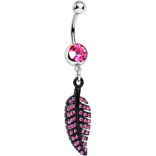 Pink Gem Glimmering Black Forest Leaf Dangle Belly Ring