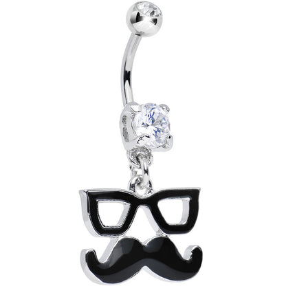 Clear Gem Hipster Glasses and Mustache Dangle Belly Ring