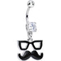 Clear Gem Hipster Glasses and Mustache Dangle Belly Ring