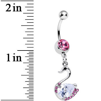 Pink and Clear Cubic Zirconia Elegant Swan Dangle Belly Ring