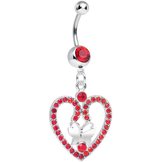 Red Gem Heart Wreathed Butterfly Dangle Belly Ring