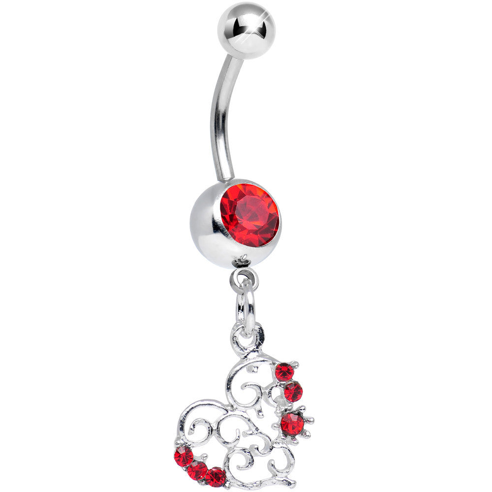 Red Gem Precious Swirled Heart Dangle Belly Ring