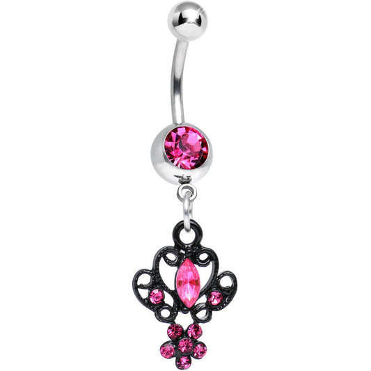 Pink Gem Black Brussels Lace and Flower Dangle Belly Ring