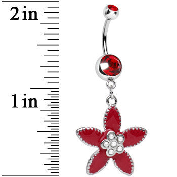 Red CZ Pearly Center Velvet Leaf Flower Dangle Belly Ring