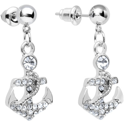 Clear Gem Sparkling Seaworthy Anchor Dangle Post Earrings