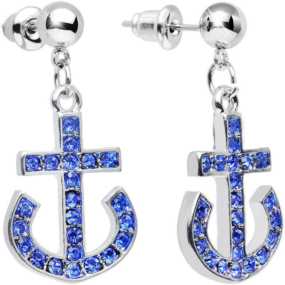 Blue Gem Bright Boat Brake Anchor Dangle Post Earrings