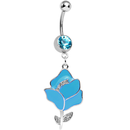 Aqua Gem Stainless Steel Blue Opera Flower Dangle Belly Ring