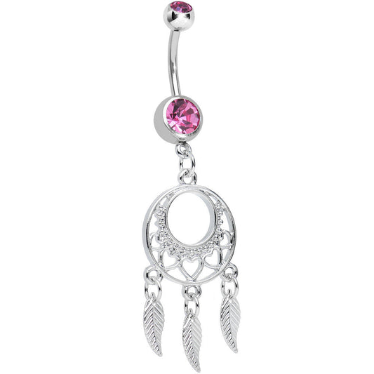 Pink Double CZ Lost in Dreamland Dreamcatcher Dangle Belly Ring