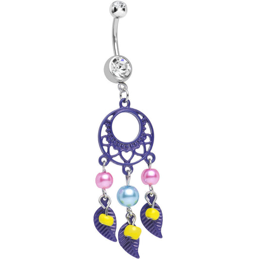Clear Double CZ Pearly Feathers Purple Dreamcatcher Dangle Belly Ring