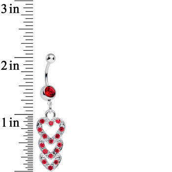 Red Gem Triple Trickle Heart Dangle Belly Ring