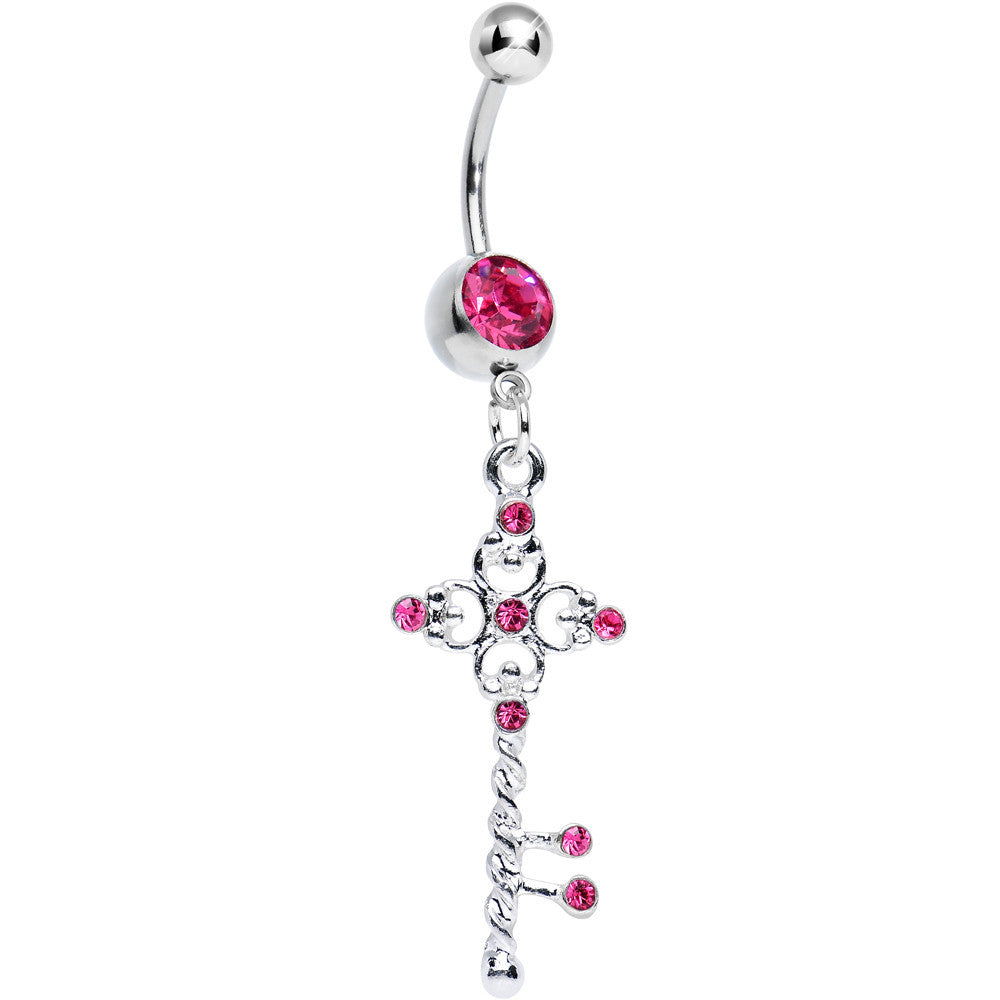 Pink Gem Sparkling Twisted Key Dangle Belly Ring