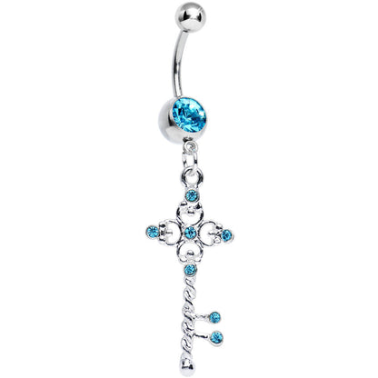 Aqua Gem Sparkling Twisted Key Dangle Belly Ring