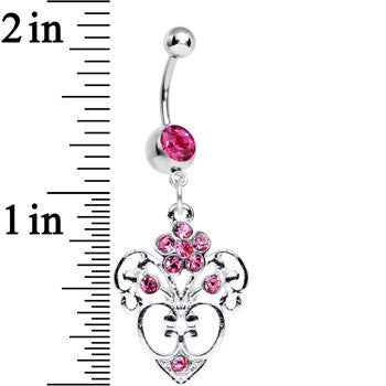 Pink Gem Flowering Heart Dangle Belly Ring