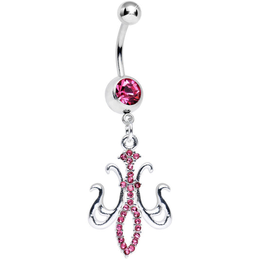 Pink Gem Magnifique Fleur de Lis Dangle Belly Ring