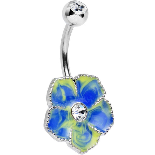 Clear Gem Blue Yellow Swirled Daydream Flower Belly Ring