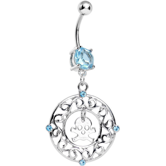 Aqua Gem Fancy Framed Skull and Crossbones Dangle Belly Ring