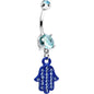 Aqua Double Gem Powerful Blessing Blue Hamsa Hand Dangle Belly Ring