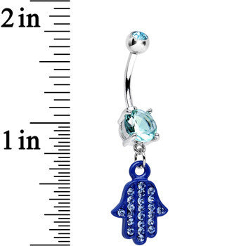 Aqua Double Gem Powerful Blessing Blue Hamsa Hand Dangle Belly Ring