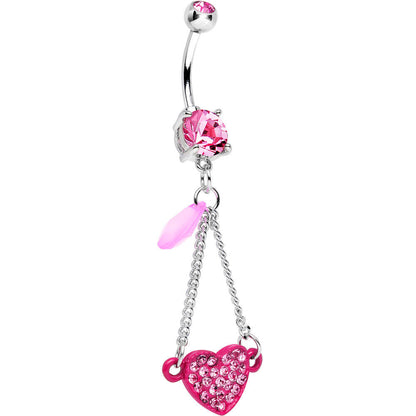 Pink Double Gem Sparkling Trapeze Swing Pink Heart Dangle Belly Ring