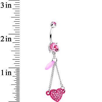 Pink Double Gem Sparkling Trapeze Swing Pink Heart Dangle Belly Ring