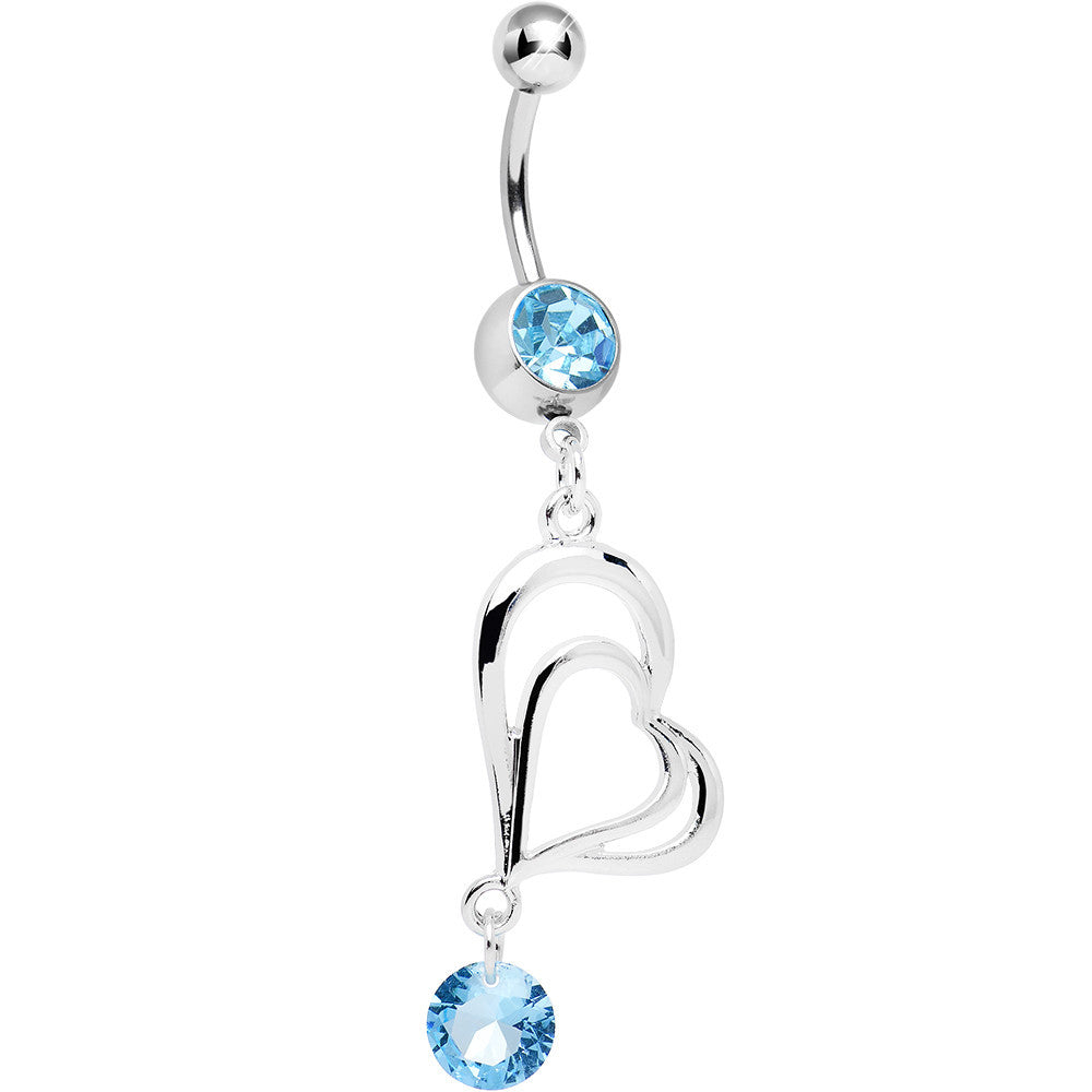 Aqua Gem and Crystal Drop Lovely Layered Heart Dangle Belly Ring