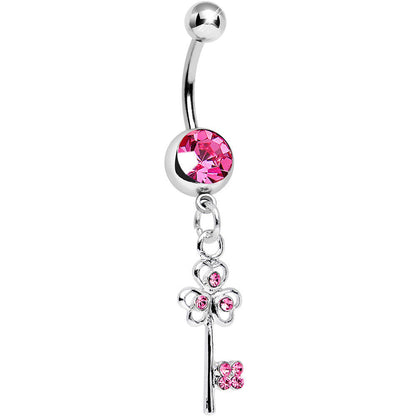 Pink Gem Unlock Your Luck Clover Heart Key Dangle Belly Ring