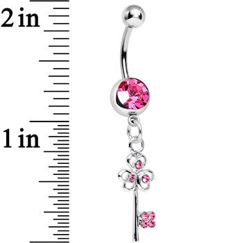 Pink Gem Unlock Your Luck Clover Heart Key Dangle Belly Ring