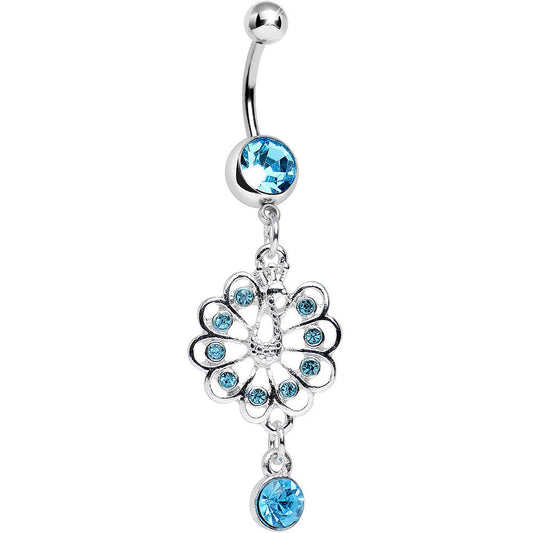 Aqua Gem Enchanted Open Tail Peacock Dangle Belly Ring