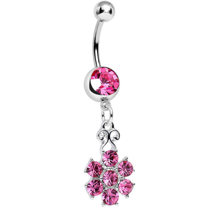 Pink Gem Potted Peony Flower Dangle Belly Ring