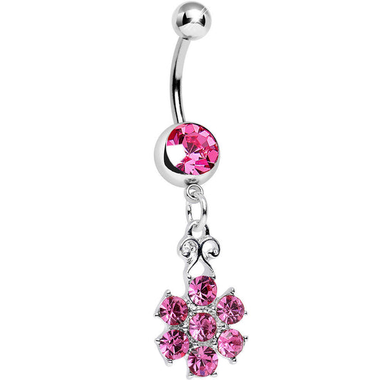 Pink Gem Potted Peony Flower Dangle Belly Ring