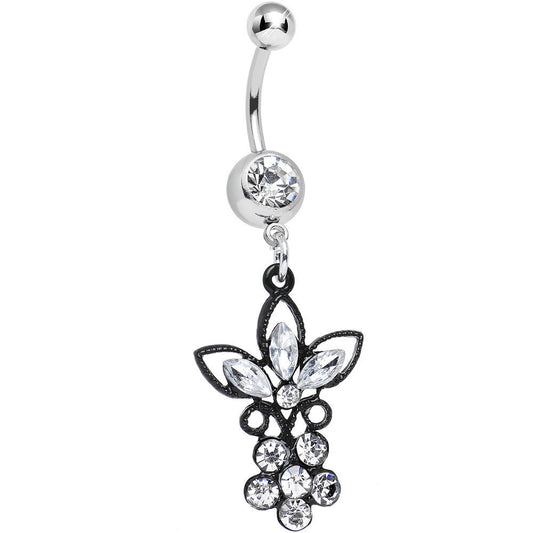 Clear Gem Power of the Dual Black Flower Dangle Belly Ring