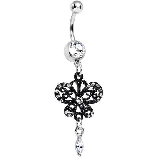 Clear Gem Delicate Marquise Drop Black Butterfly Dangle Belly Ring