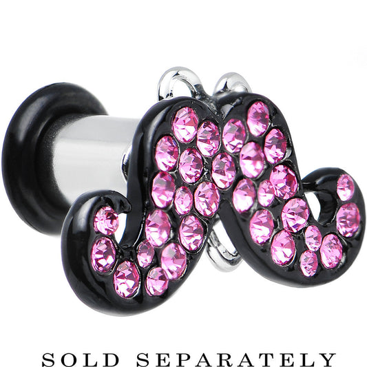 4 Gauge Pink Gem Paved Fancy Mustache Single Flare Steel Plug