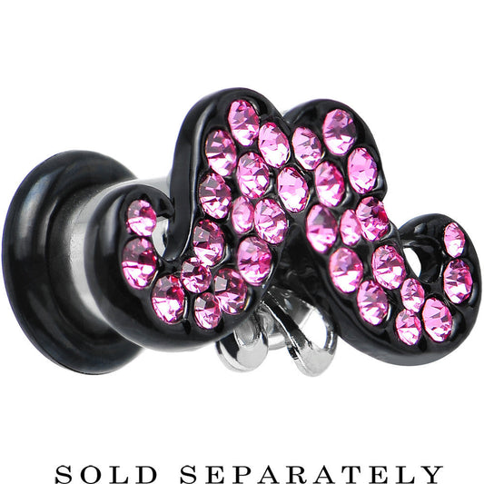 2 Gauge Pink Gem Paved Fancy Mustache Single Flare Steel Plug