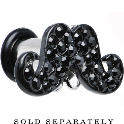 2 Gauge Black Gem Paved Fancy Mustache Single Flare Steel Plug