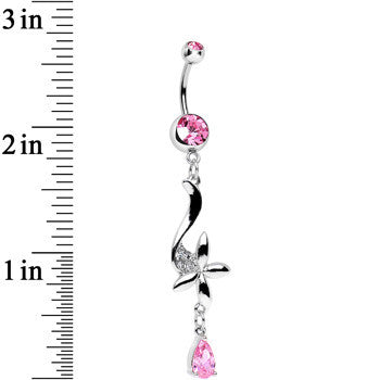 Pink Cubic Zirconia Floating on the Breeze Flower Dangle Belly Ring