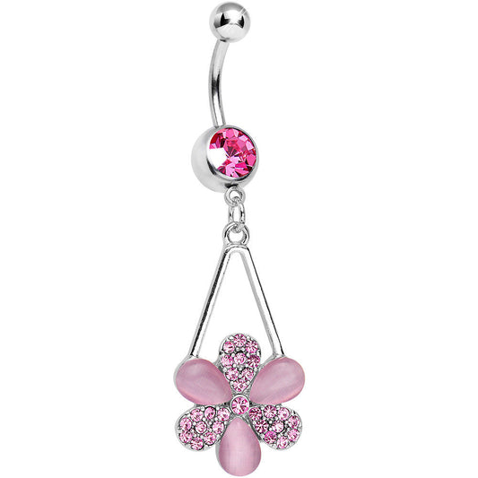 Pink Gem Twinkling Crystal Pinwheel Flower Dangle Belly Ring