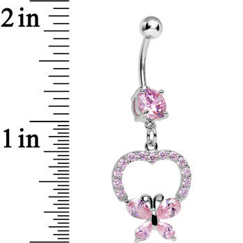 Pink Gem Hollow Heart Beautiful Butterfly Dangle Belly Ring