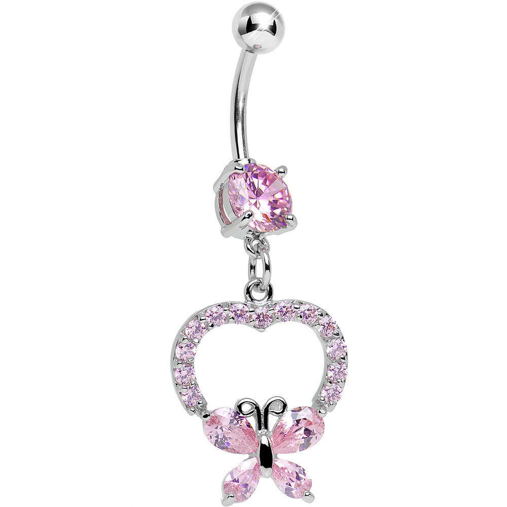 Pink Gem Hollow Heart Beautiful Butterfly Dangle Belly Ring