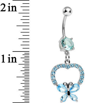 Aqua Gem Hollow Heart Beautiful Butterfly Dangle Belly Ring