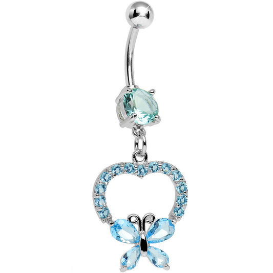 Aqua Gem Hollow Heart Beautiful Butterfly Dangle Belly Ring