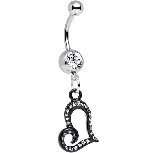 Clear Gem Paved Black Asymmetrical Heart Dangle Belly Ring