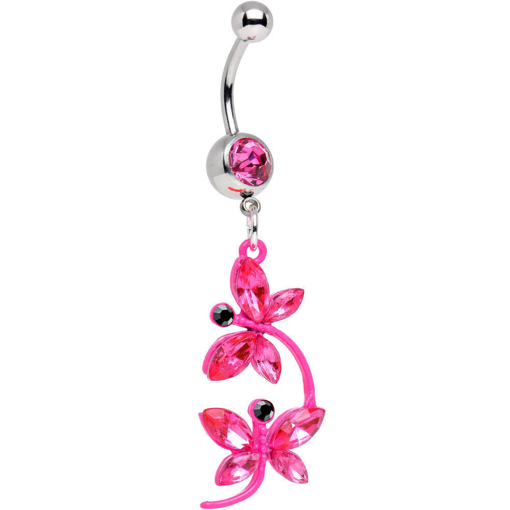 Pink Gem Dazzling Duo of Dragonflies Dangle Belly Ring