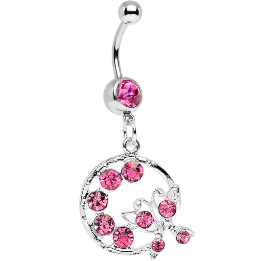 Pink Gem Wreath and Butterfly Dangle Belly Ring