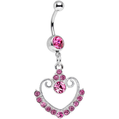 Pink Gem Ornate Hollow Heart Dangle Belly Ring