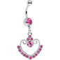 Pink Gem Ornate Hollow Heart Dangle Belly Ring