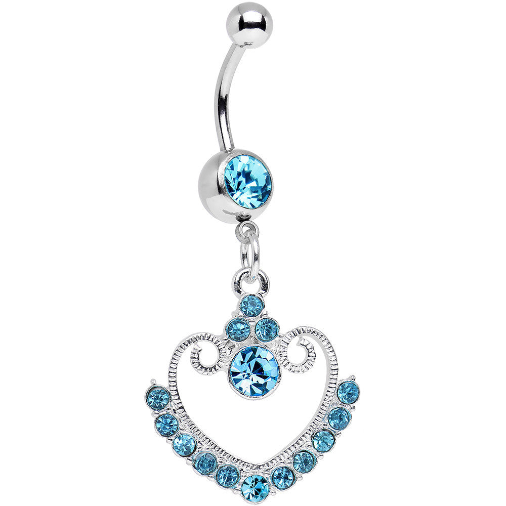 Aqua Gem Ornate Hollow Heart Dangle Belly Ring