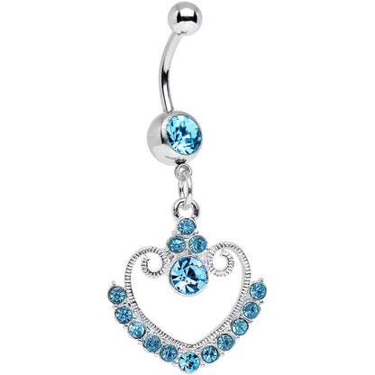 Aqua Gem Ornate Hollow Heart Dangle Belly Ring